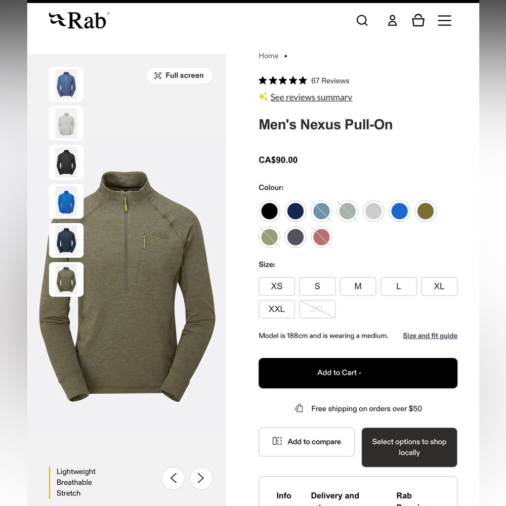 Rab Men's Green Nexus pull on Half-Zip Sweater L